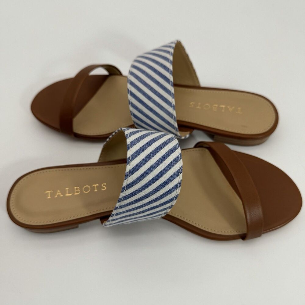 Talbots Womens Keri 7 Sandals Double Strap Leather Coastal Nautical White & Blue